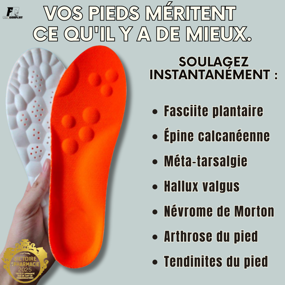 Semelles 4D massantes orange et blanches pour soulagement ciblé des douleurs plantaires et amélioration du confort.