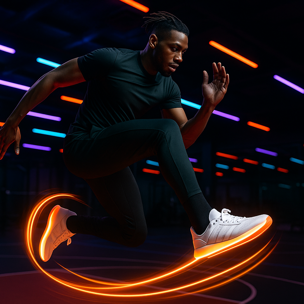 Variations de sneakers à semelles illuminées dans différents contextes