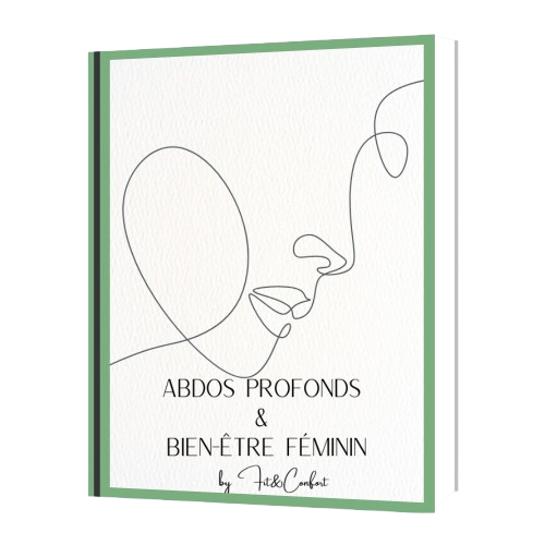 E-book cover for Abdos Profonds et Bien-être Féminin with minimalistic line art of a face and green border.